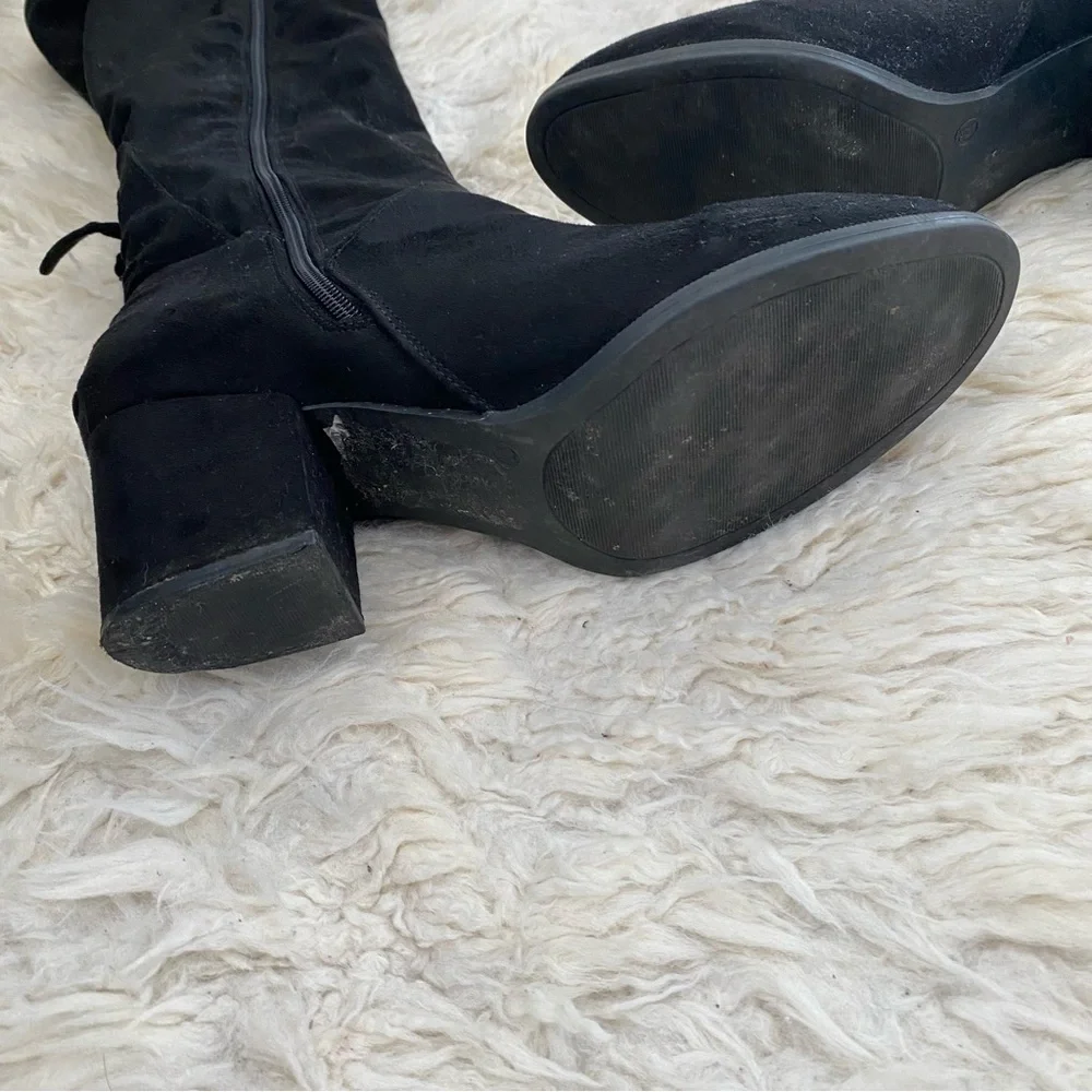Black Suede Knee‑High Block Heel Boots | Size 11